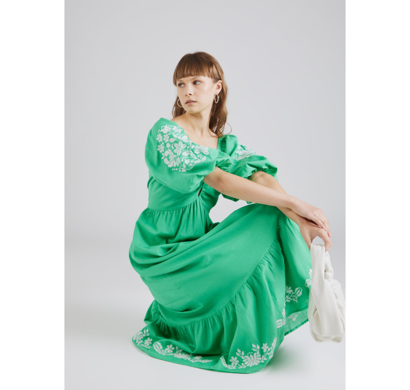 WAREHOUSE Embroidered maxi kleita- zaļā krāsā