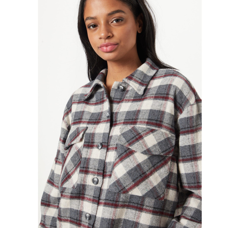 NASTY GAL oversize rūtains krekls-pelēks ar sarkanu