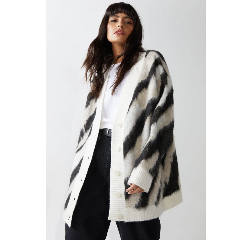 WAREHOUSE Oversized Jacquard adīts kardigans- melnā/bēšā krāsā