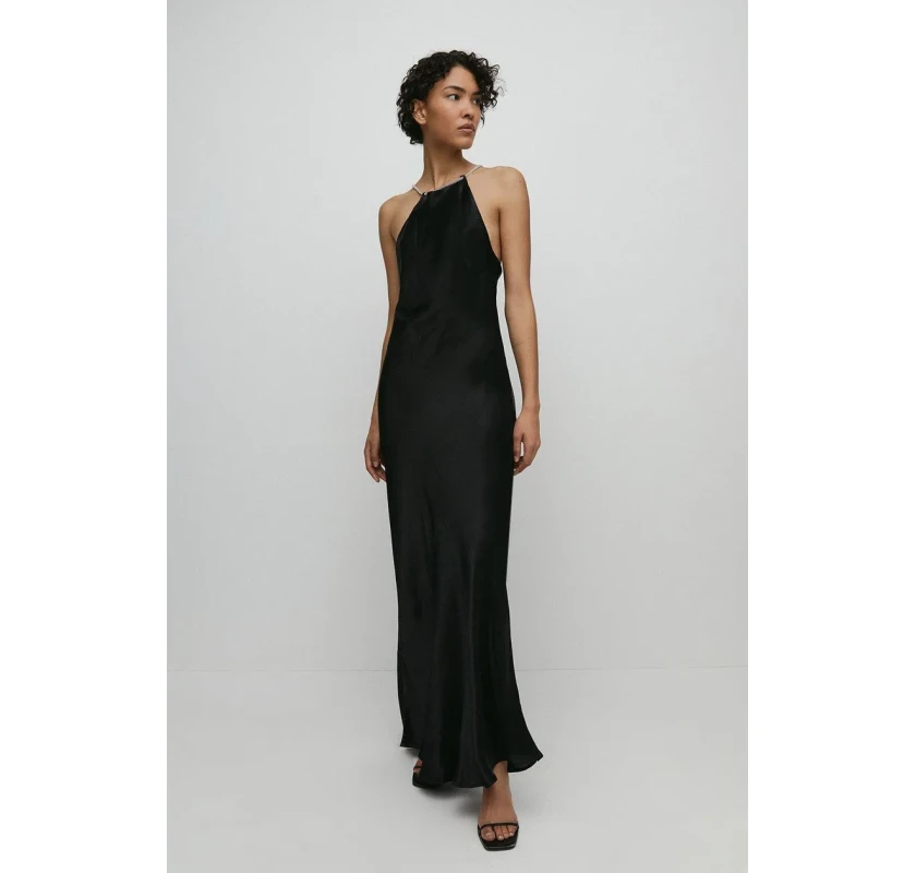 WAREHOUSE Satin Diamante Slip kleita- melnā krāsā