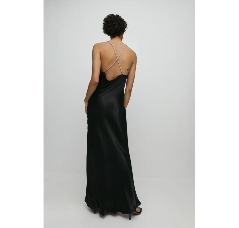 WAREHOUSE Satin Diamante Slip kleita- melnā krāsā