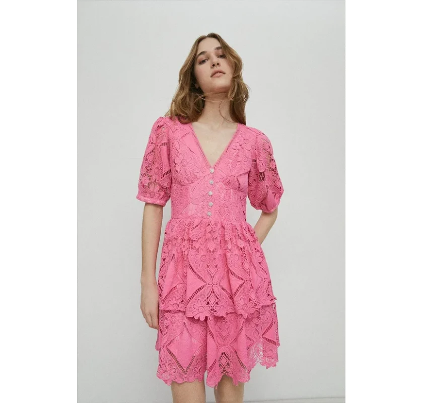 WAREHOUSE V Neck Mini kleita- fuksiju rozā krāsā